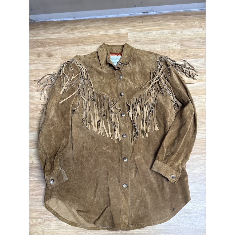 80s JH Collections Suede Fringe Western Pioneer Button Down Shirt Size 10
